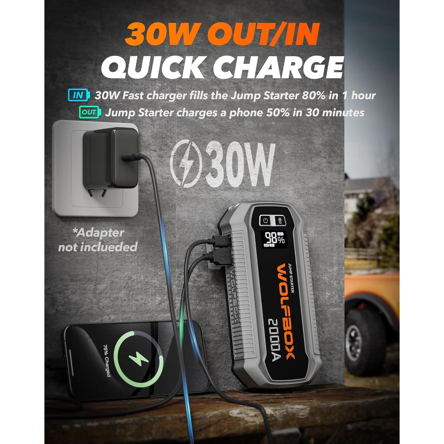 Arrancador de Salto WOLFBOX MegaVolt12 2000A 12000mAh