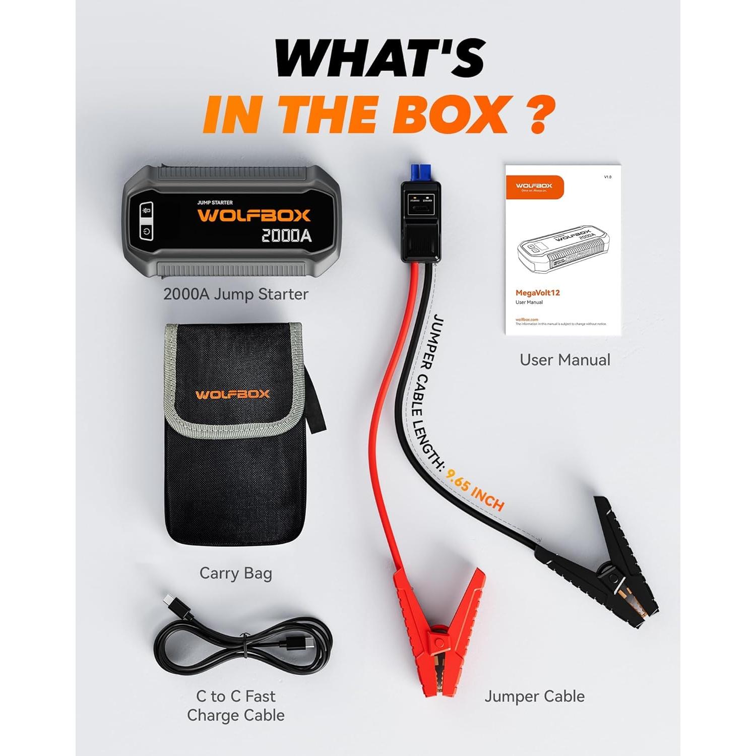 Arrancador de Salto WOLFBOX MegaVolt12 2000A 12000mAh