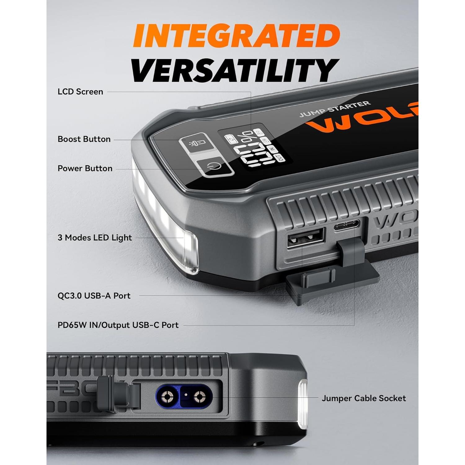 Arrancador de Salto WOLFBOX MegaVolt12 2000A 12000mAh