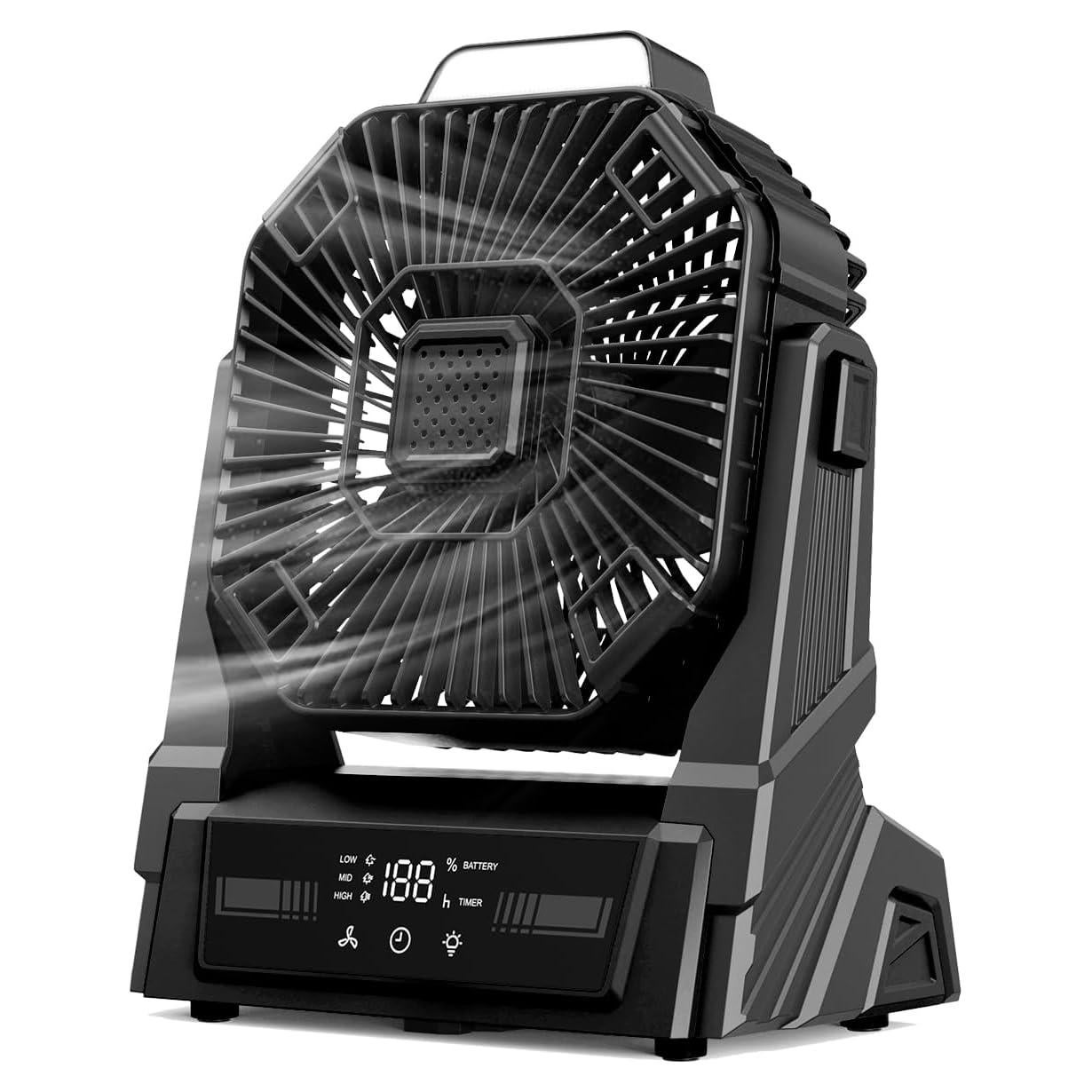 KopBeau Portable Camping Fan with Lights, 20000mAh Rechargeable Battery Operated Fan, Battery Powered Outdoor Beach Tent with 3 Speeds & Hook, Personal USB Table for Camping Accessories Black