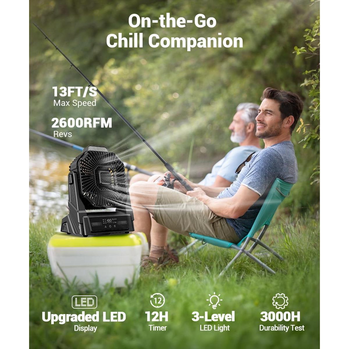 KopBeau Portable Camping Fan with Lights, 20000mAh Rechargeable Battery Operated Fan, Battery Powered Outdoor Beach Tent with 3 Speeds & Hook, Personal USB Table for Camping Accessories Black