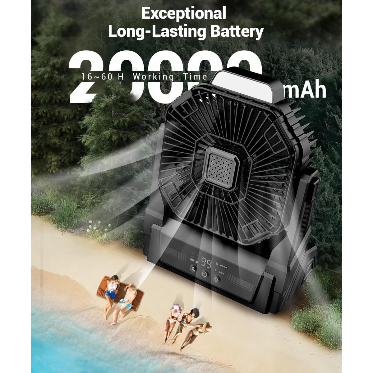 KopBeau Portable Camping Fan with Lights, 20000mAh Rechargeable Battery Operated Fan, Battery Powered Outdoor Beach Tent with 3 Speeds & Hook, Personal USB Table for Camping Accessories Black