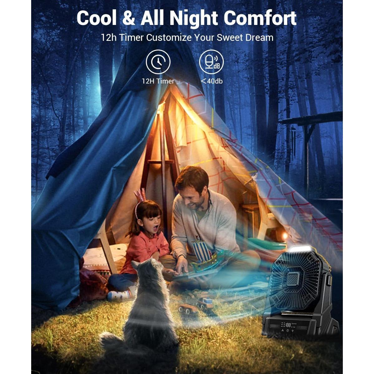 KopBeau Portable Camping Fan with Lights, 20000mAh Rechargeable Battery Operated Fan, Battery Powered Outdoor Beach Tent with 3 Speeds & Hook, Personal USB Table for Camping Accessories Black