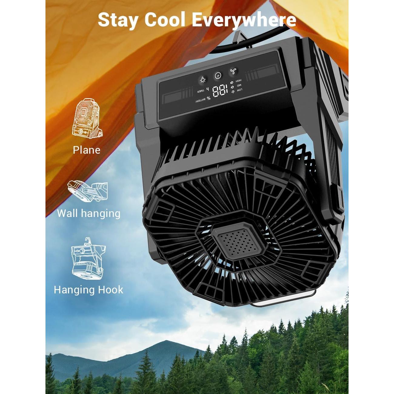 KopBeau Portable Camping Fan with Lights, 20000mAh Rechargeable Battery Operated Fan, Battery Powered Outdoor Beach Tent with 3 Speeds & Hook, Personal USB Table for Camping Accessories Black