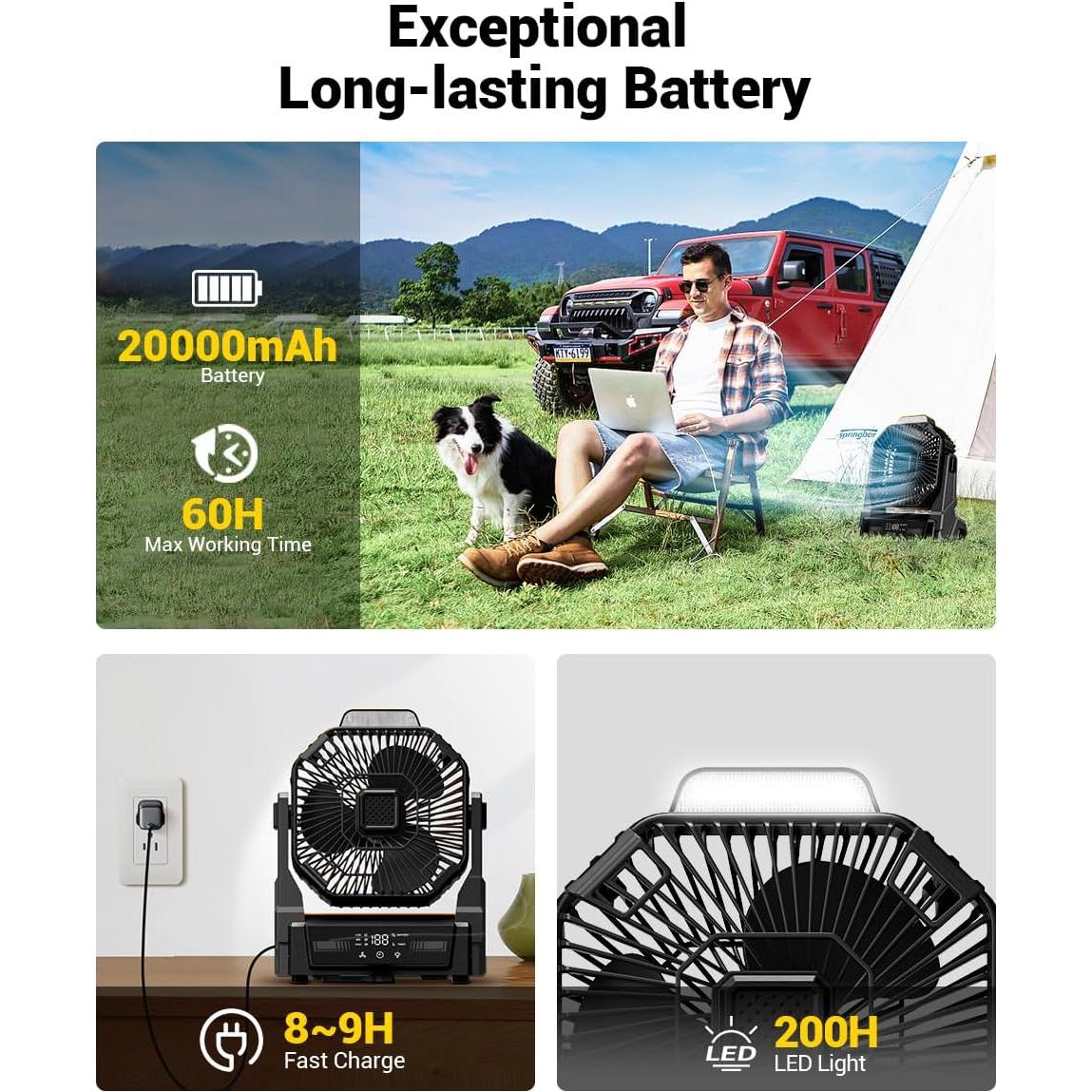 KopBeau Portable Camping Fan with Lights, 20000mAh Rechargeable Battery Operated Fan, Battery Powered Outdoor Beach Tent with 3 Speeds & Hook, Personal USB Table for Camping Accessories Black