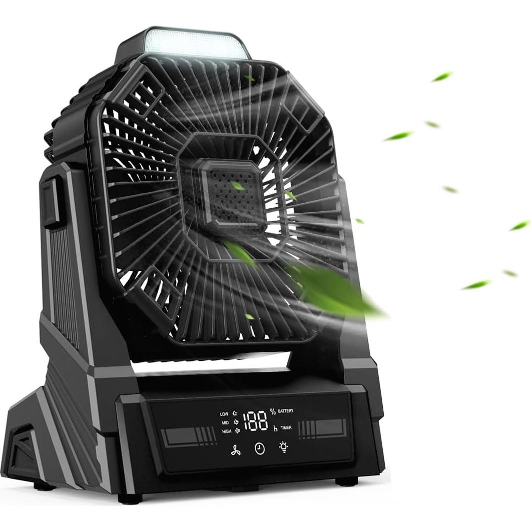 KopBeau Portable Camping Fan with Lights, 20000mAh Rechargeable Battery Operated Fan, Battery Powered Outdoor Beach Tent with 3 Speeds & Hook, Personal USB Table for Camping Accessories Black