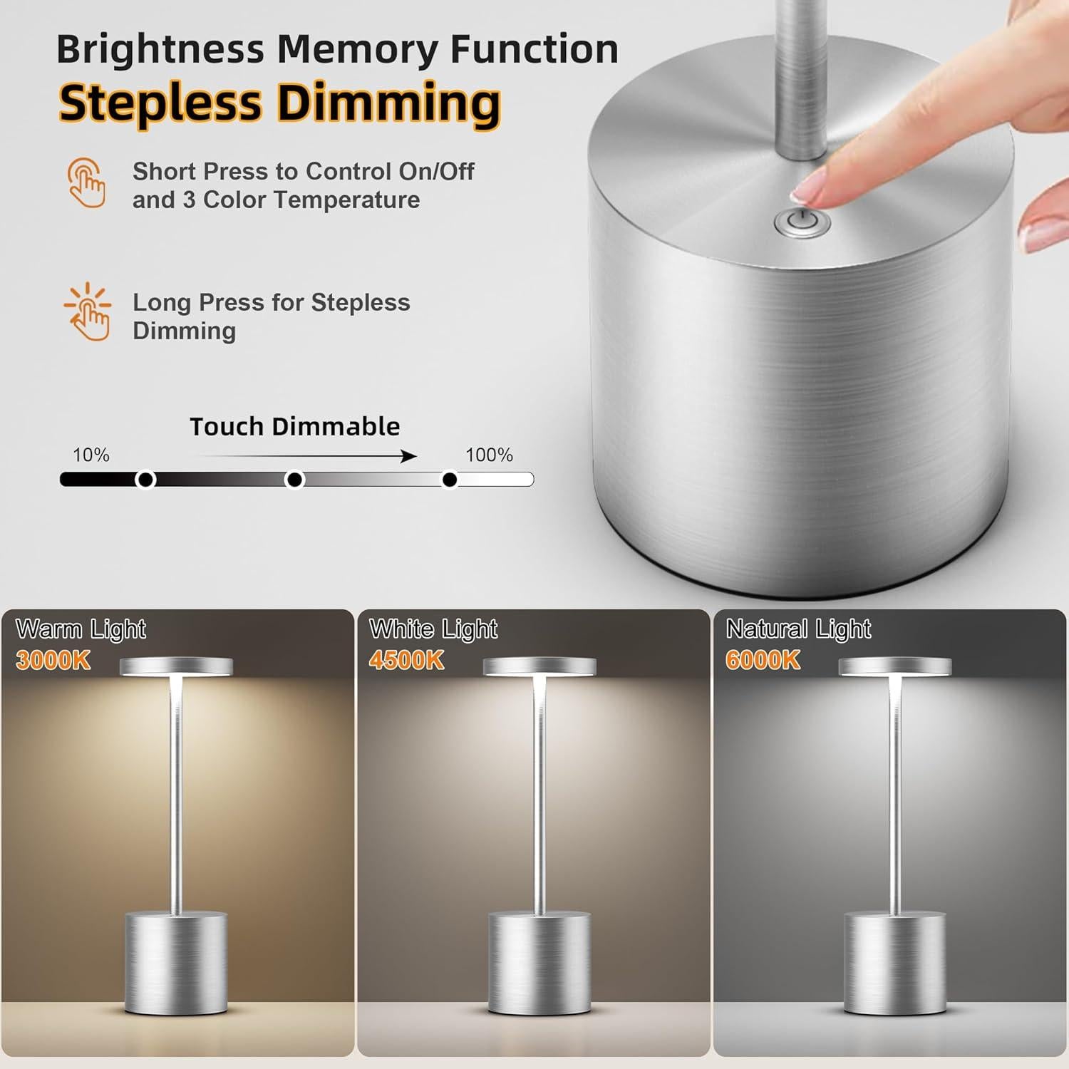 Lámparas de Mesa Inalámbricas JALVDE LED 5000mAh 2Pack Plata