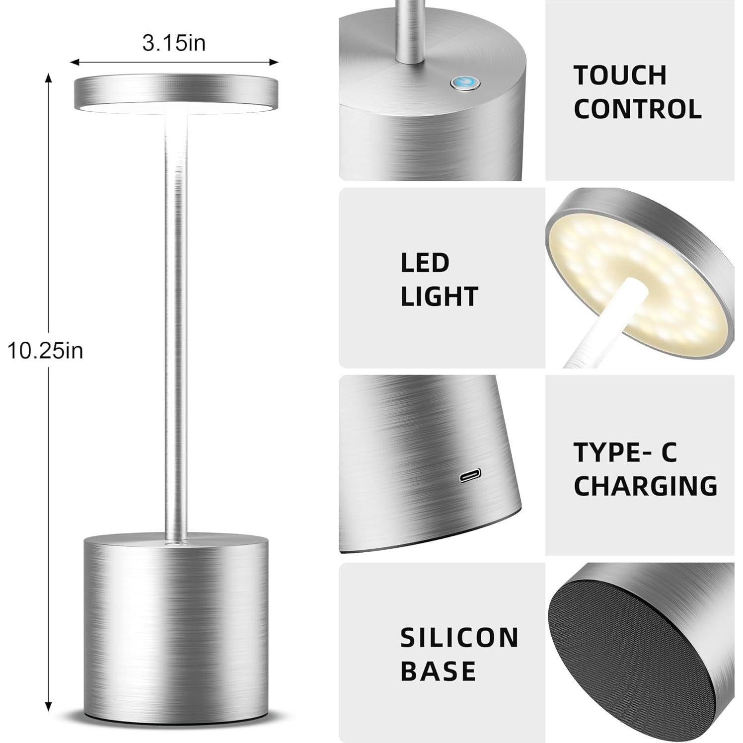 Lámparas de Mesa Inalámbricas JALVDE LED 5000mAh 2Pack Plata
