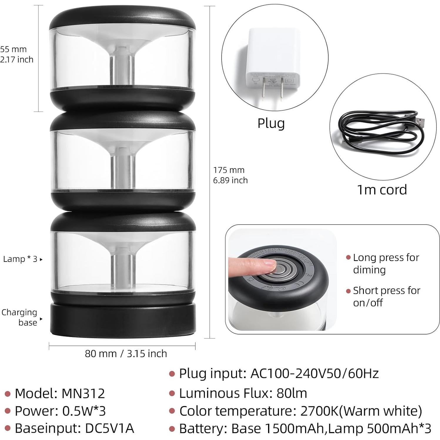 Luz Nocturna Portátil LED Oneleaf - 3 Luces Recargables