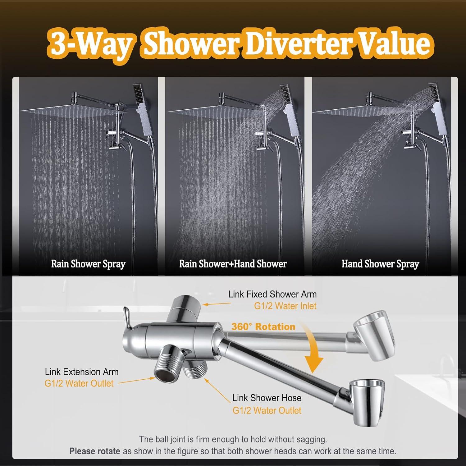 Cabezal de ducha lluvia YDmeet 30,48 cm cromo con manguera 180 cm