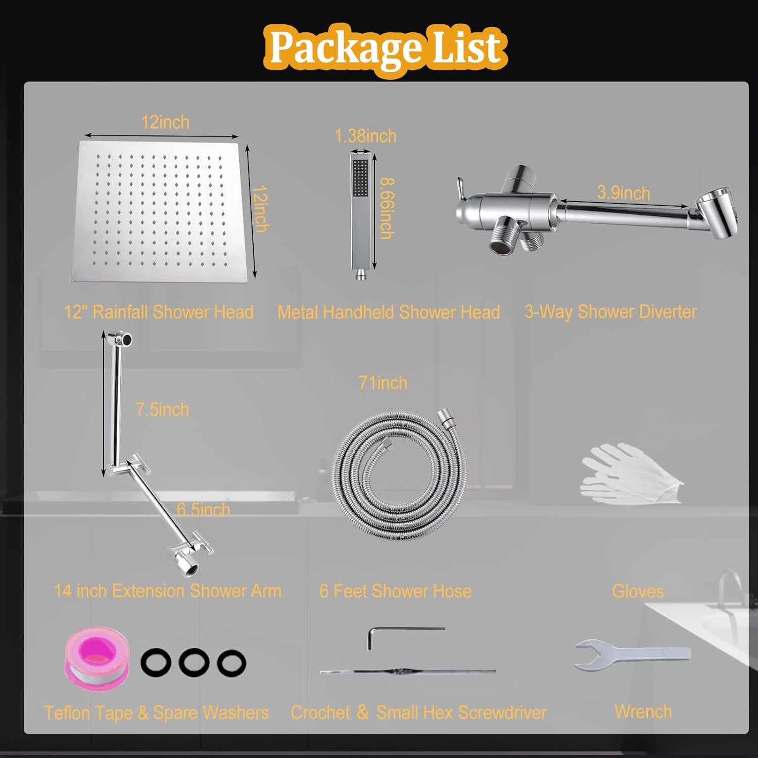 Cabezal de ducha lluvia YDmeet 30,48 cm cromo con manguera 180 cm