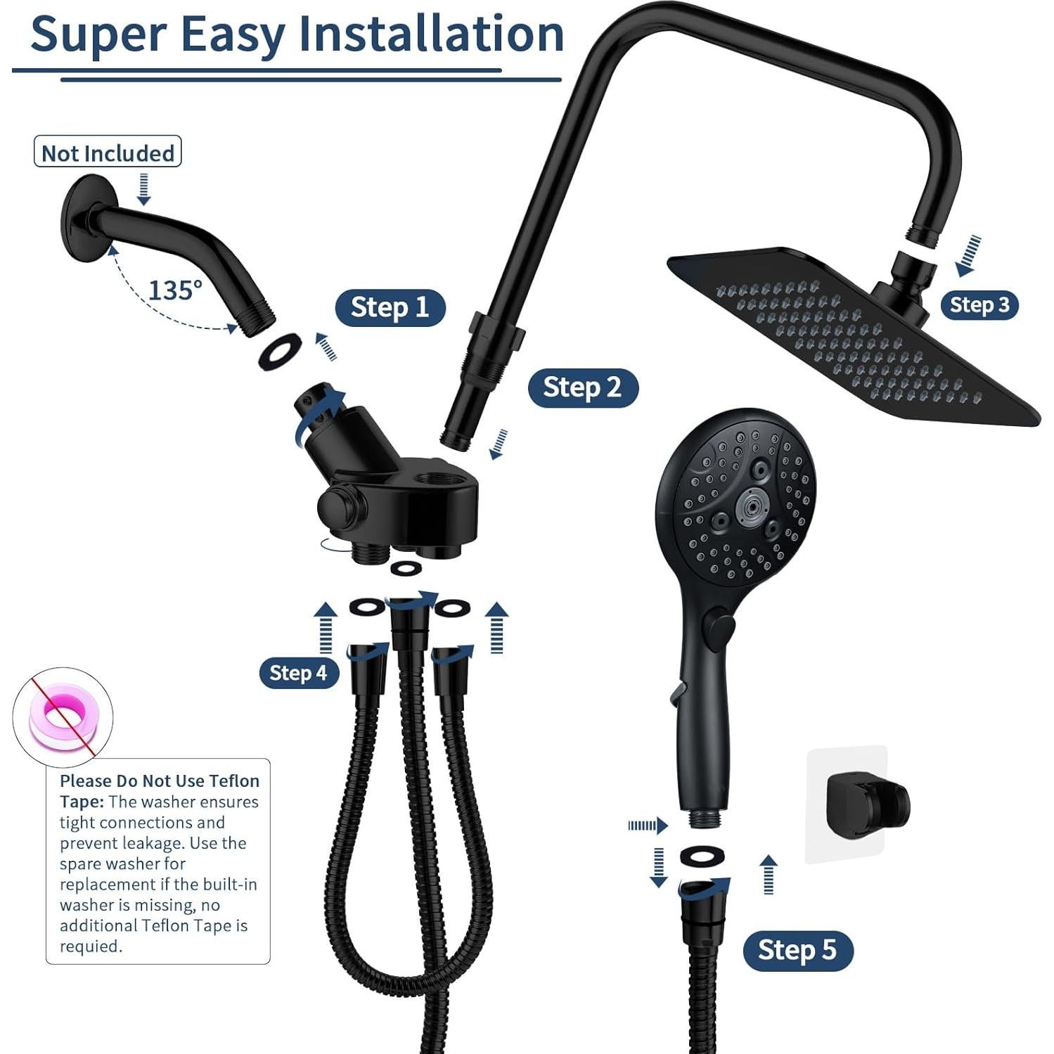 Cabezal de Ducha Doble VXV 8'' Alta Presión Negro Mate