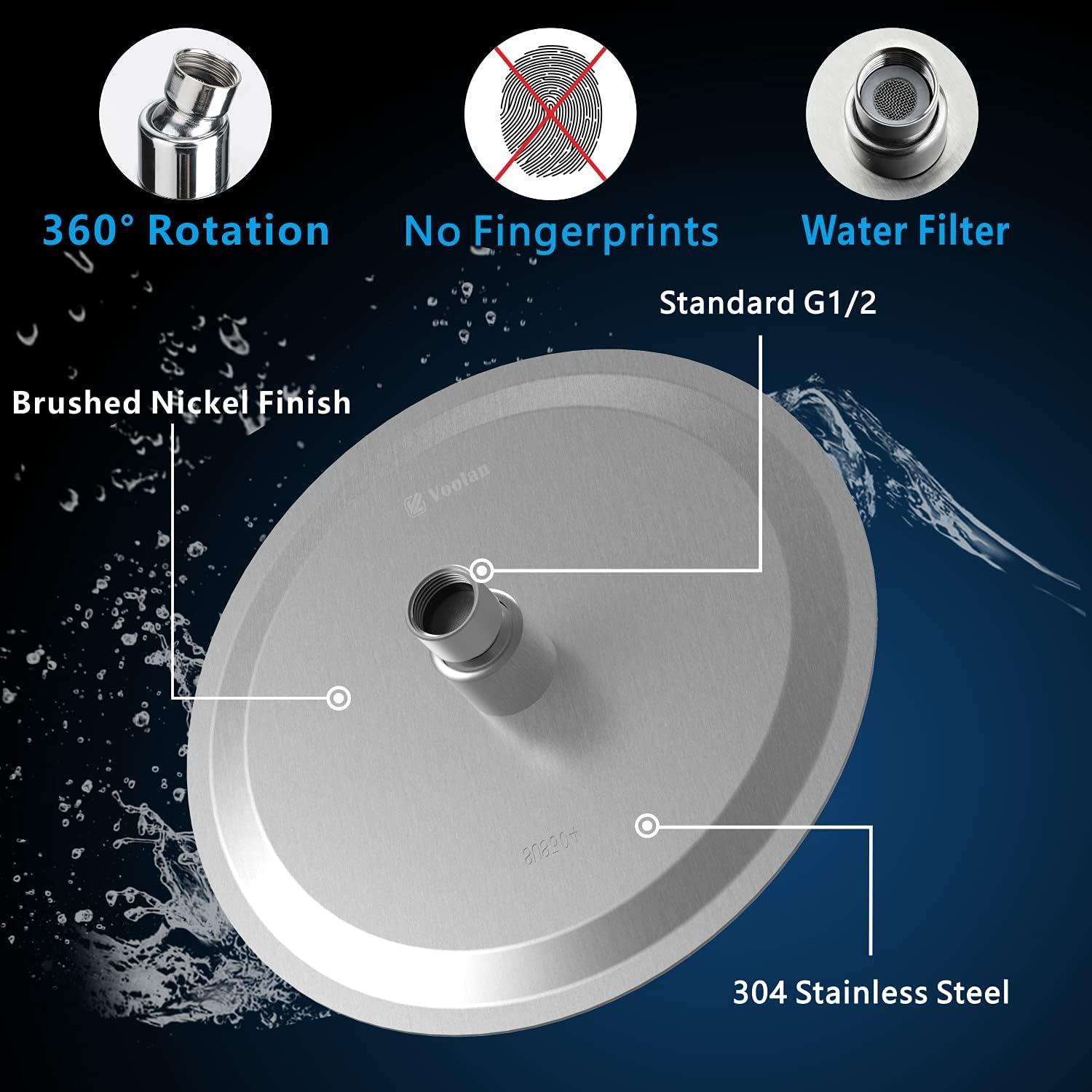 Cabezal de Ducha Voolan 10 Pulgadas Alta Presión Níquel Cepillado