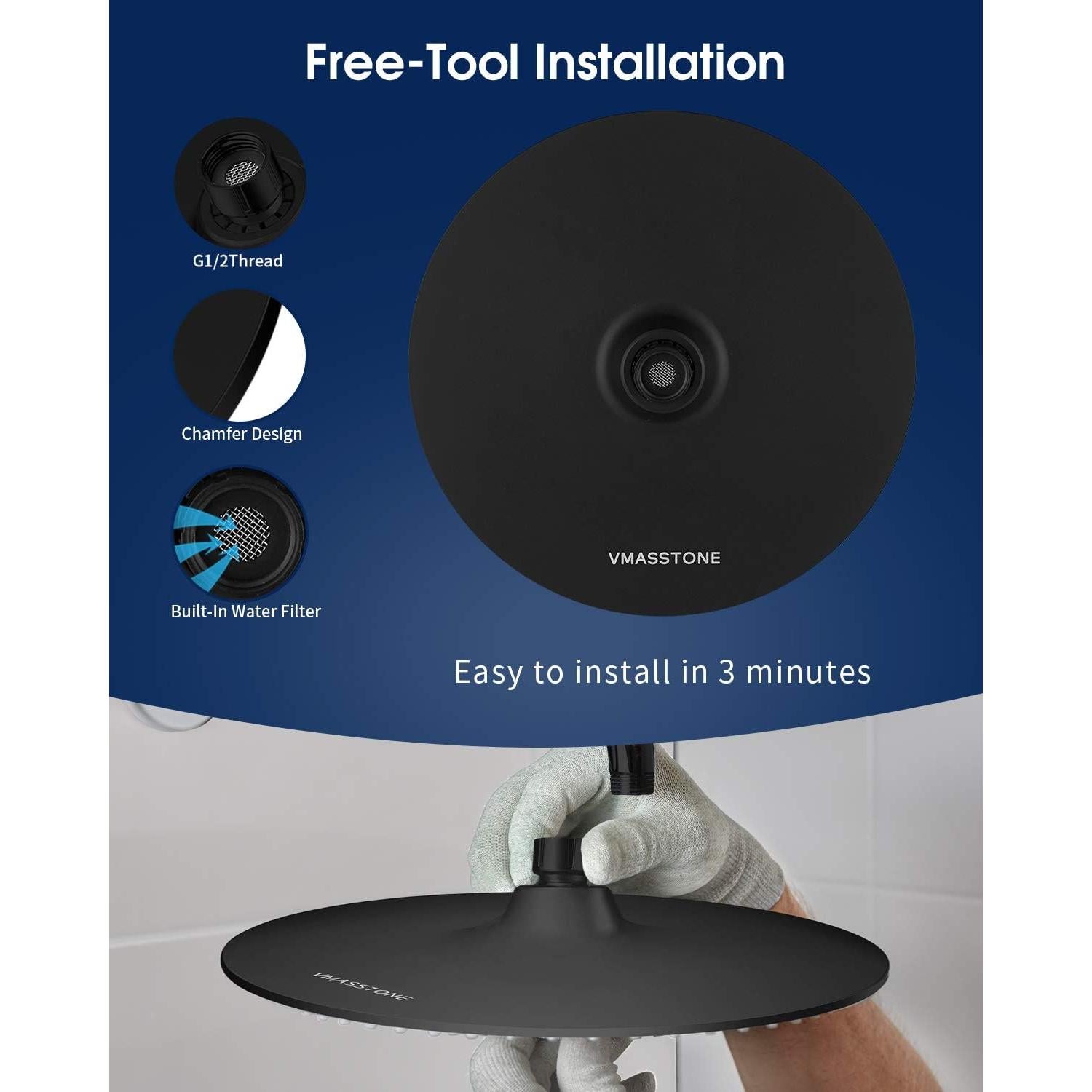 Cabezal de Ducha de Lluvia VMASSTONE 22,86 cm Alta Presión