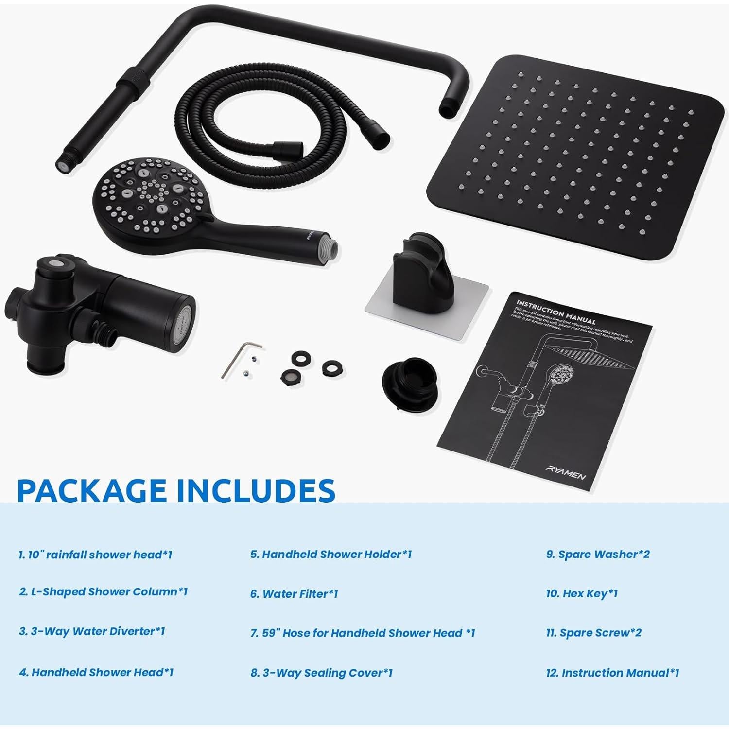Combo Ducha Filtrada Ryamen 10" Ajustable 7 Modos Negro