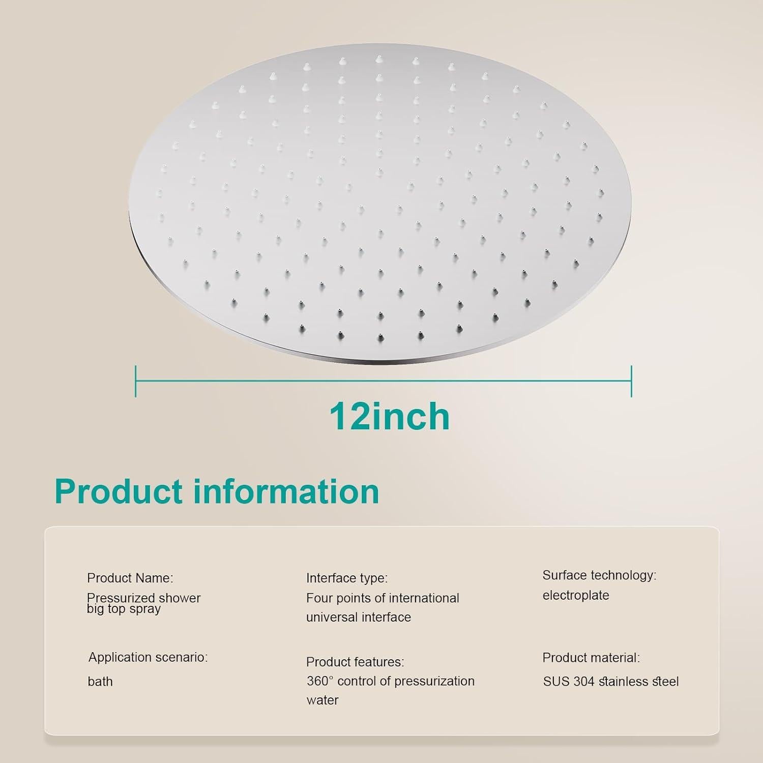 Cabezal de Ducha AULEEND 12" Acero Inoxidable Niquelado