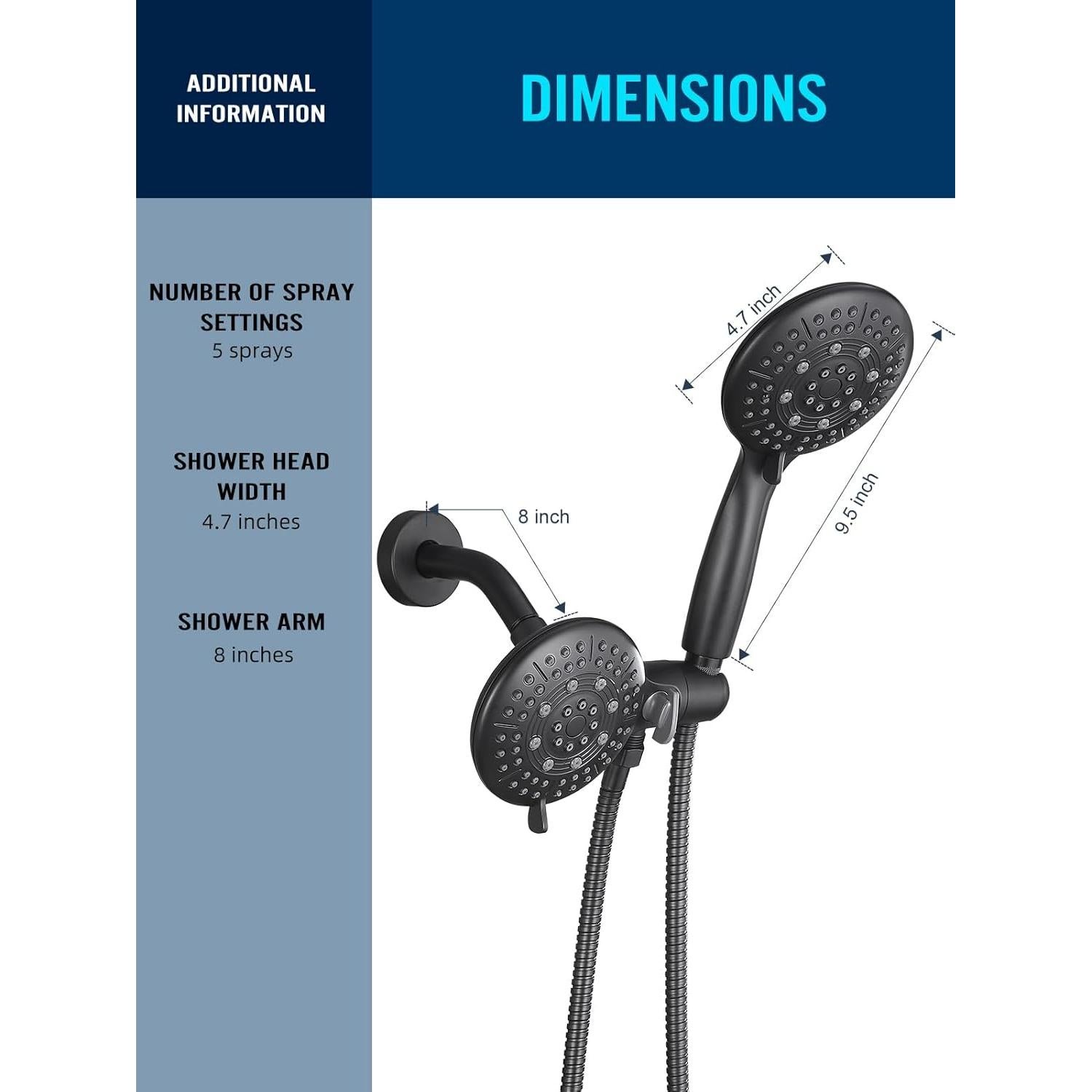 Cabezal de Ducha Cobbe 48 Ajustes Negro Mate 149.86 cm