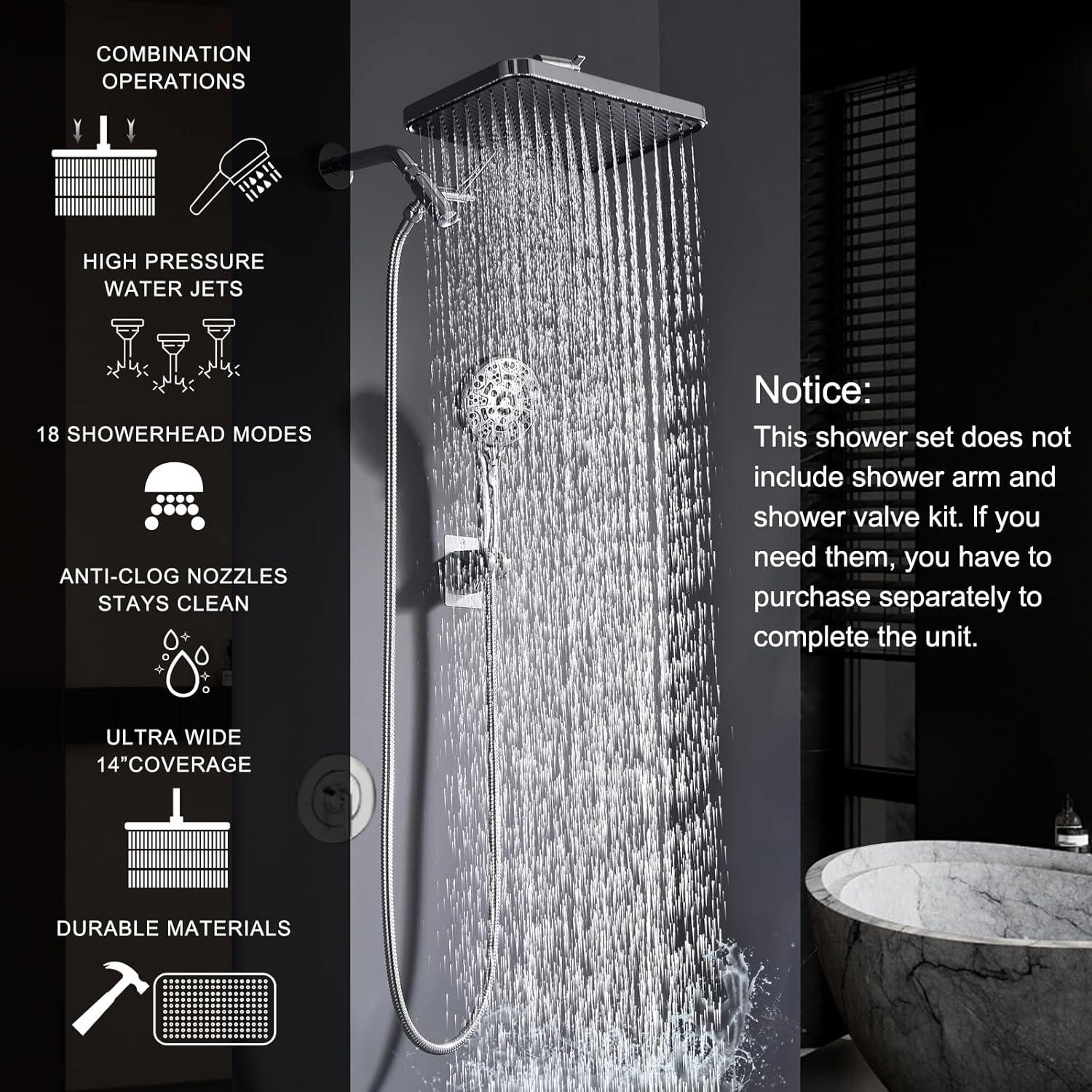 Cabezal de Ducha de Lluvia 14" BSTGZLUXU con Ducha de Mano 8 Modos