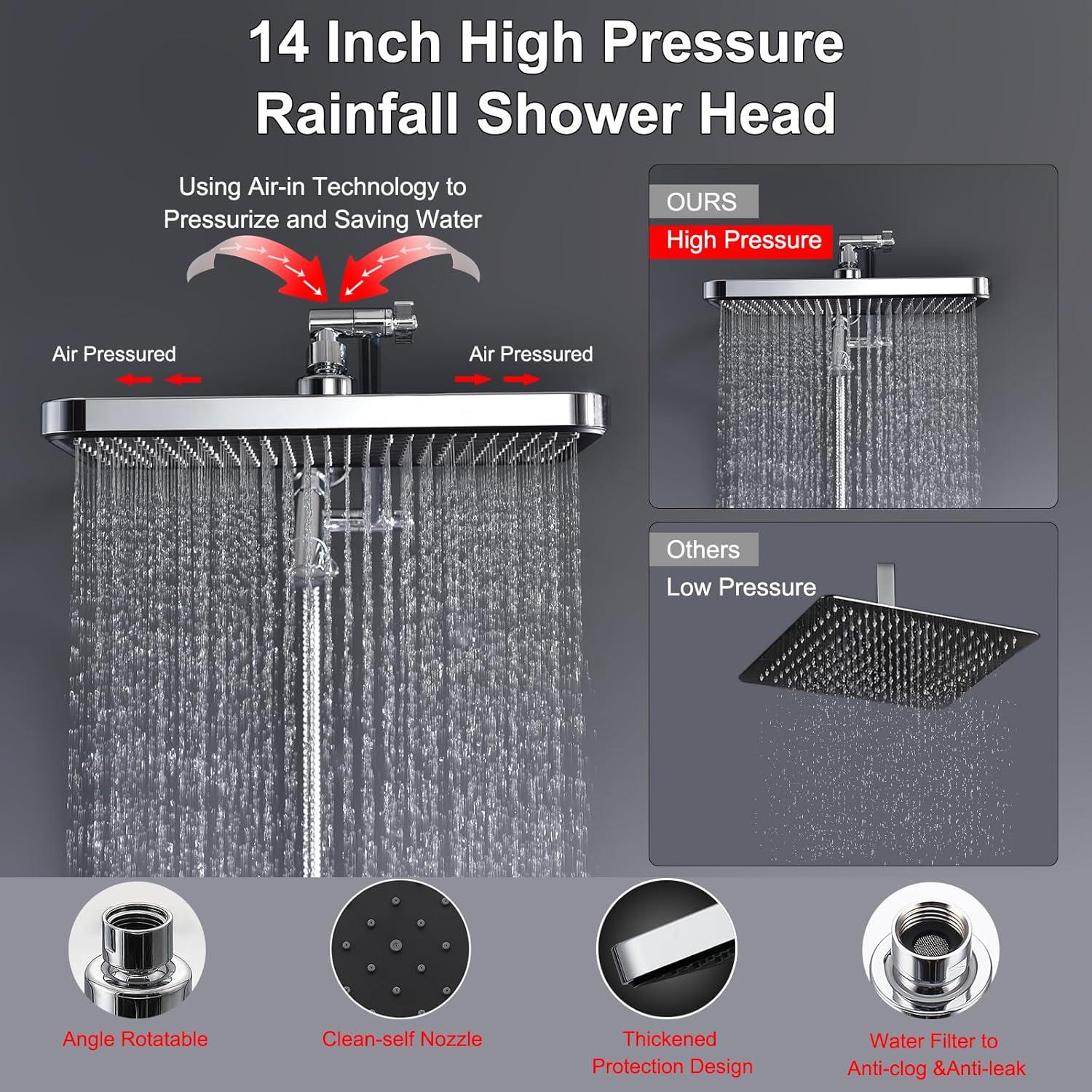 Cabezal de Ducha de Lluvia 14" BSTGZLUXU con Ducha de Mano 8 Modos