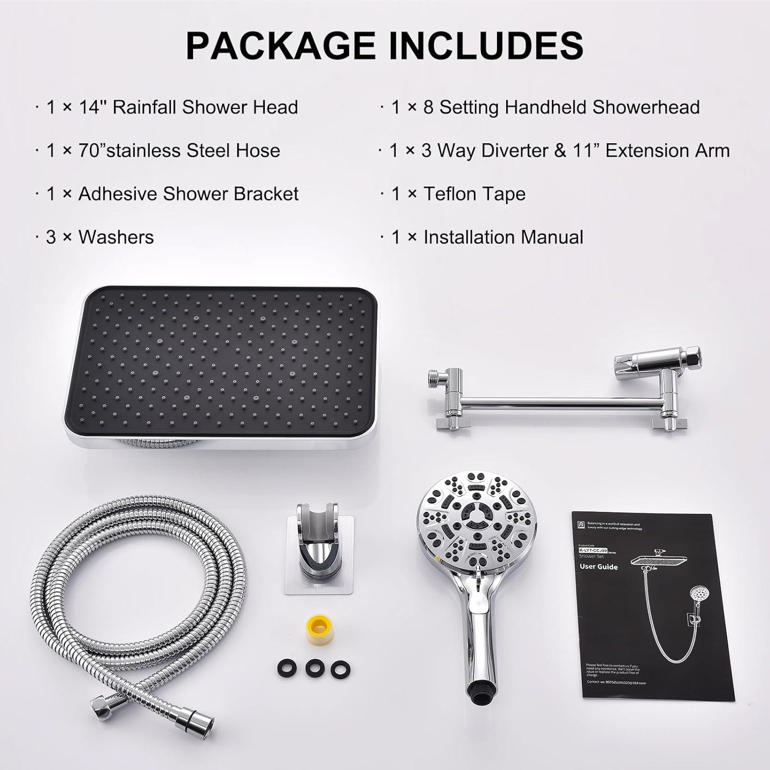 Cabezal de Ducha de Lluvia 14" BSTGZLUXU con Ducha de Mano 8 Modos