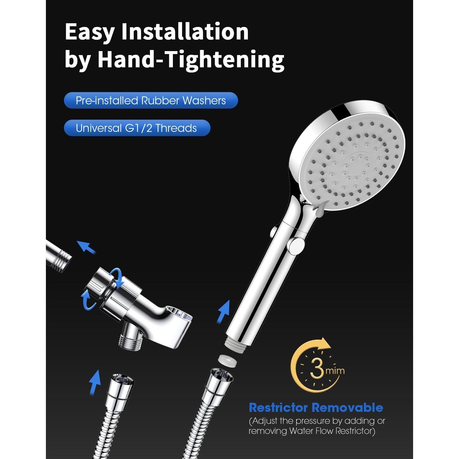 Cabezal de Ducha FASDUNT Cromo 6 Modos 80" Manguera