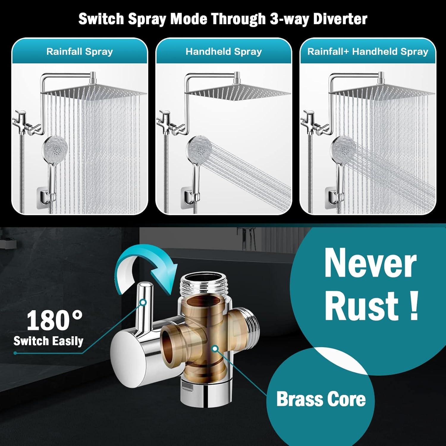 Cabezal de Ducha PinWin 12" Cromo Doble Lluvia 6 Modos