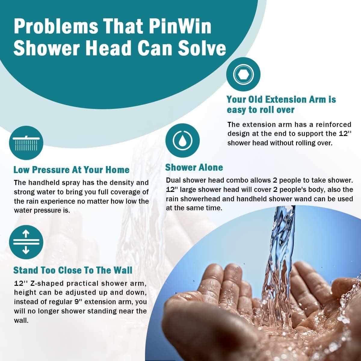 Cabezal de Ducha PinWin 12" Cromo Doble Lluvia 6 Modos