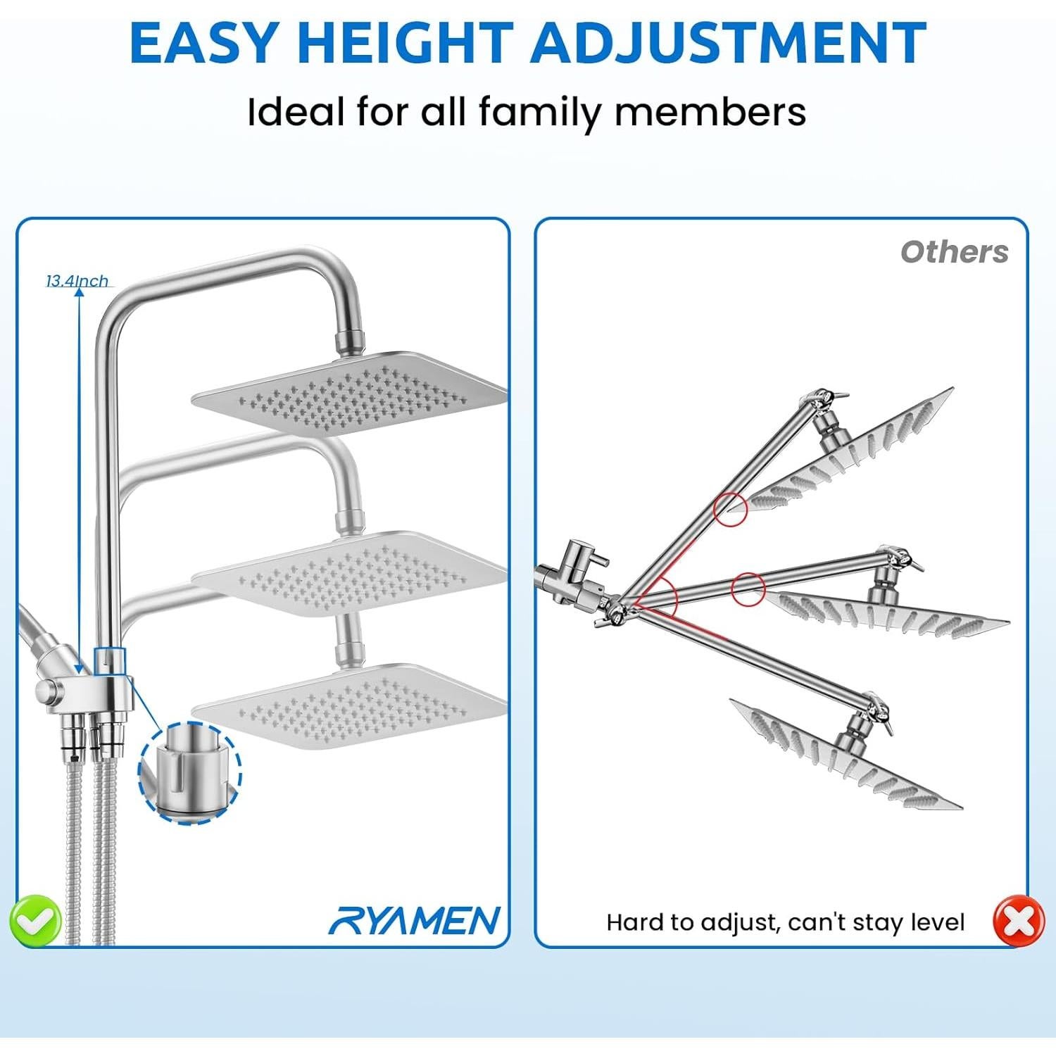 Combo Cabezal de Ducha Doble Ryamen 20,32 cm Cromo Ajustable