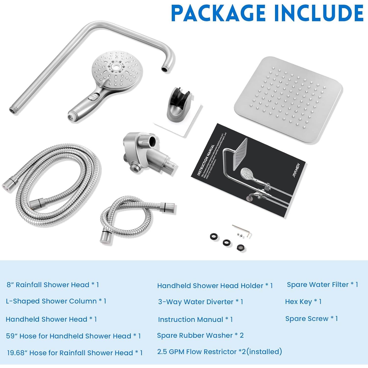 Combo Cabezal de Ducha Doble Ryamen 20,32 cm Cromo Ajustable