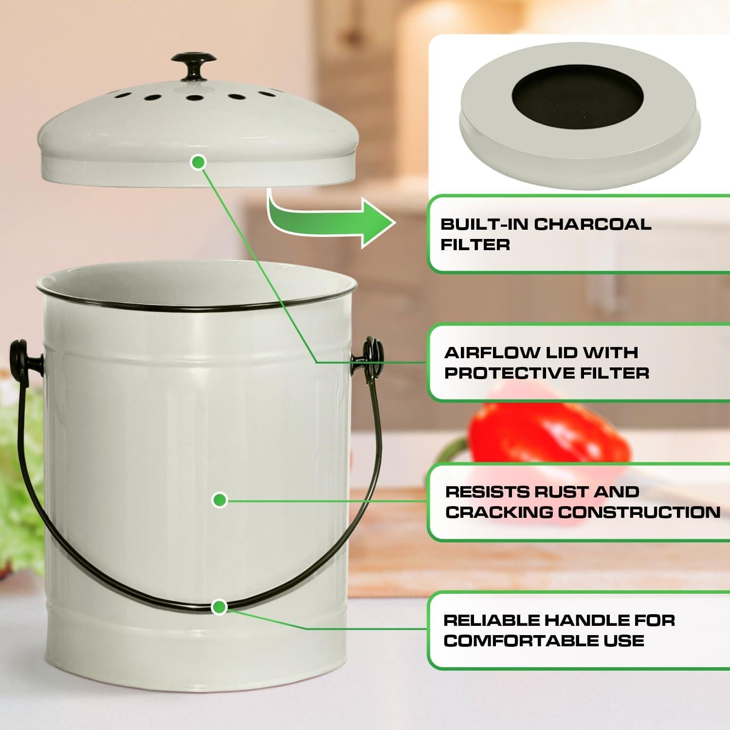 Cubo de Compostaje Plexon 5.68L Acero Off-White Sin Olores