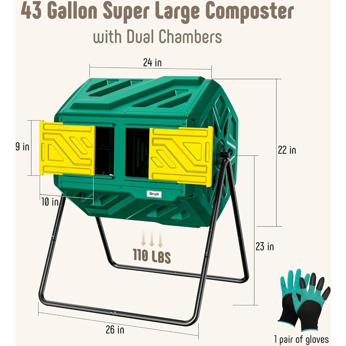 Compostador Giratorio Werph 43 Galones Doble Cámara Verde