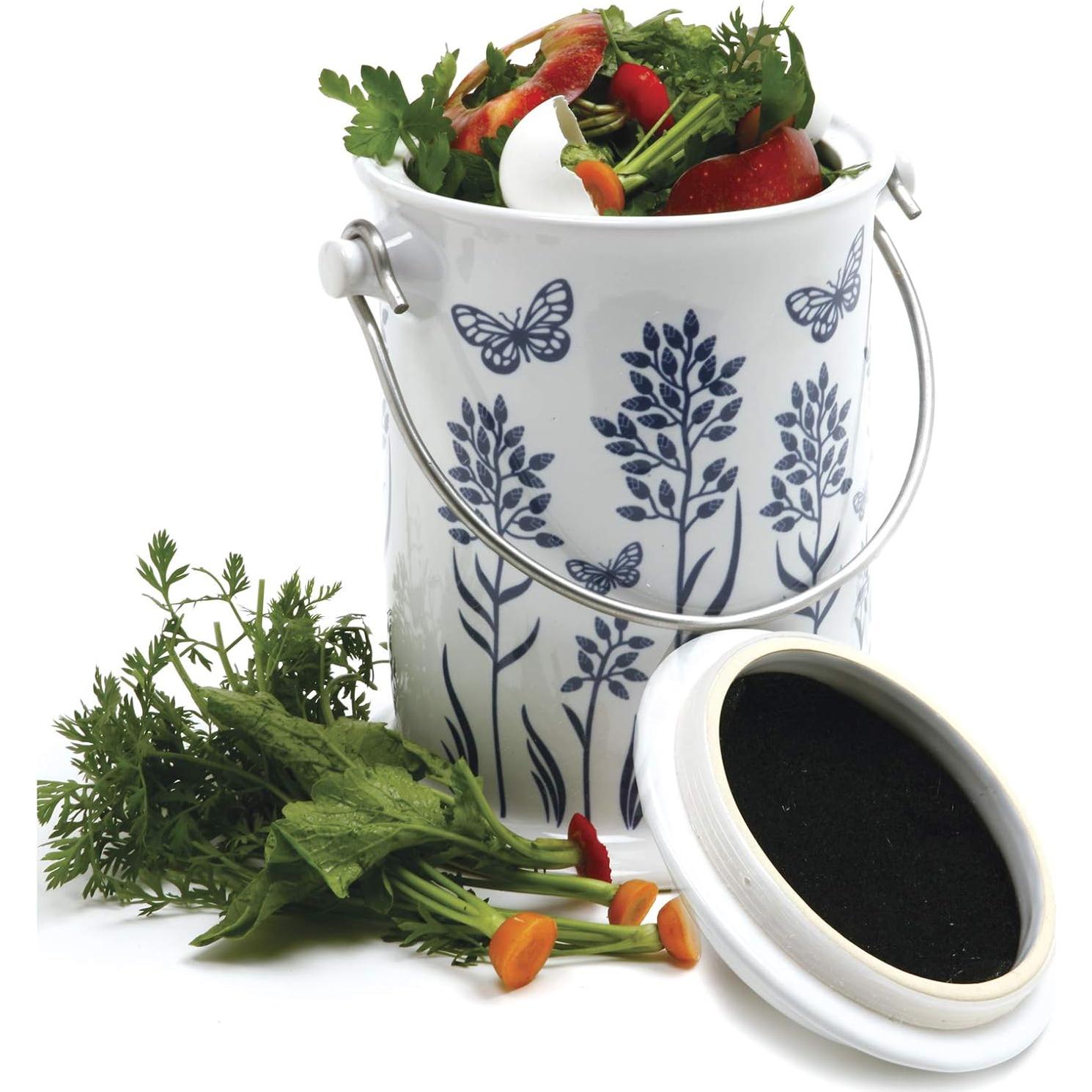 Recipiente de Compost Cerámica Norpro 2.9L Floral Azul