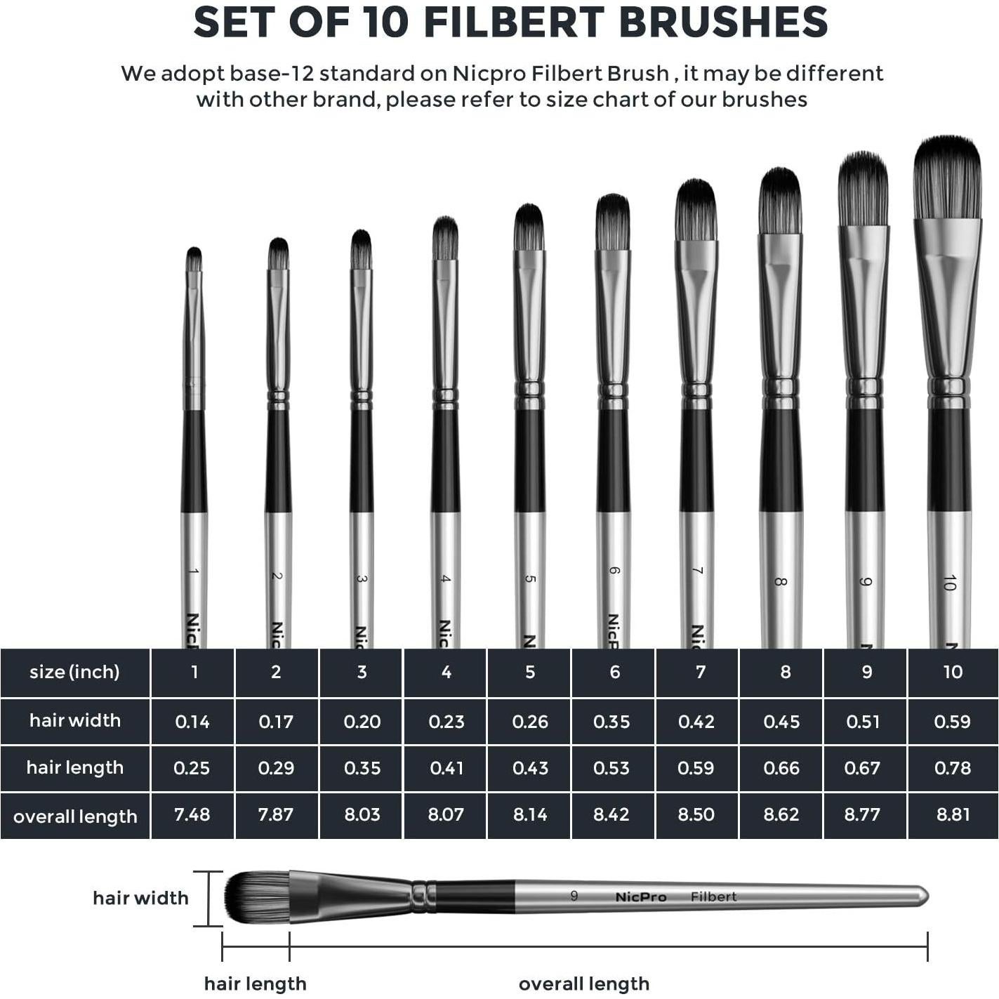 Conjunto de Pinceles Filbert 10 PCS Nicpro para Pintura