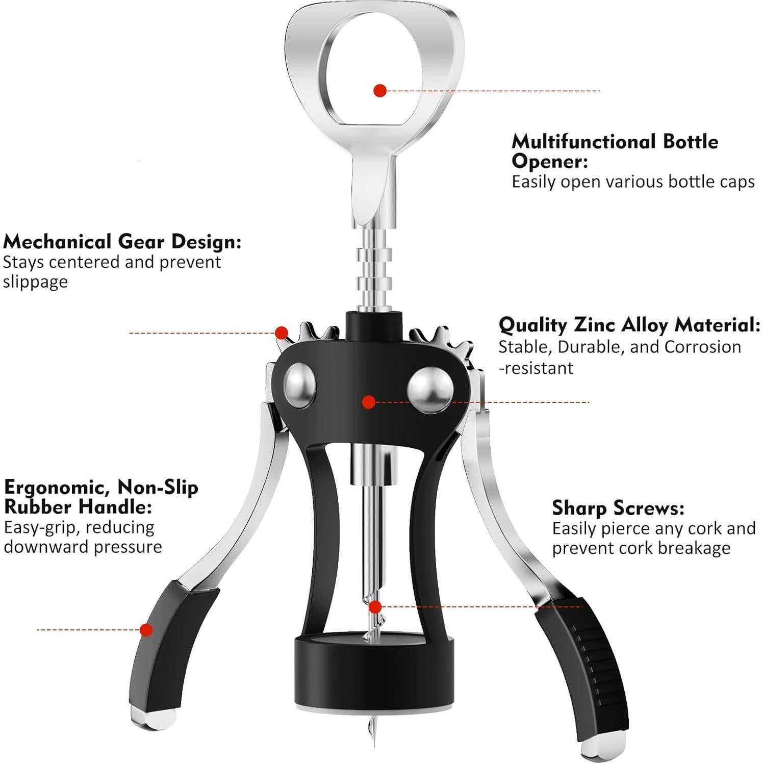 Abridor de Vino KORCCI Multifuncional 19.69 cm Zinc Negro