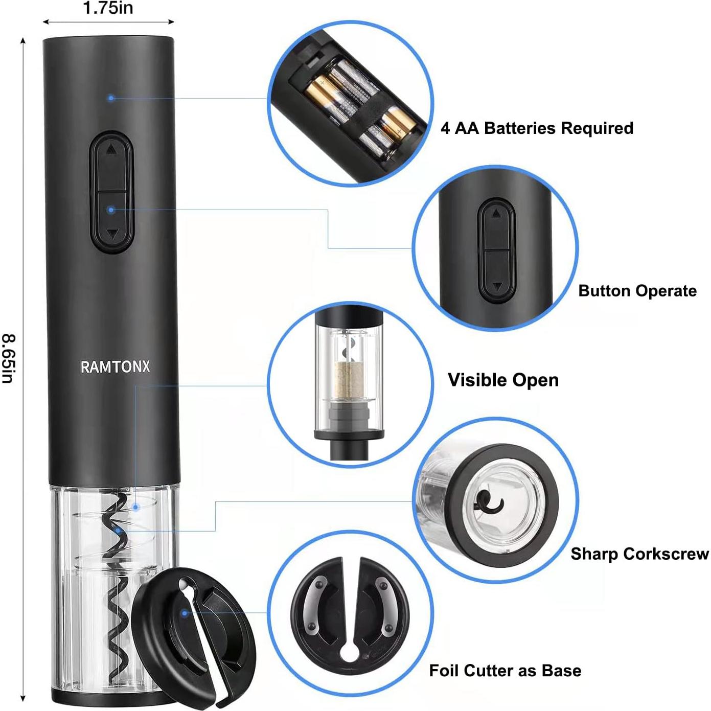 Abridor de Vino Eléctrico Ramtonx Automático Negro 258g
