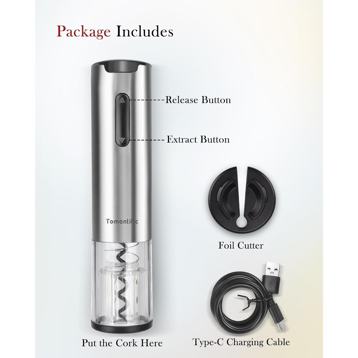 Abridor de Vino Eléctrico Tomentific Recargable con Luz LED