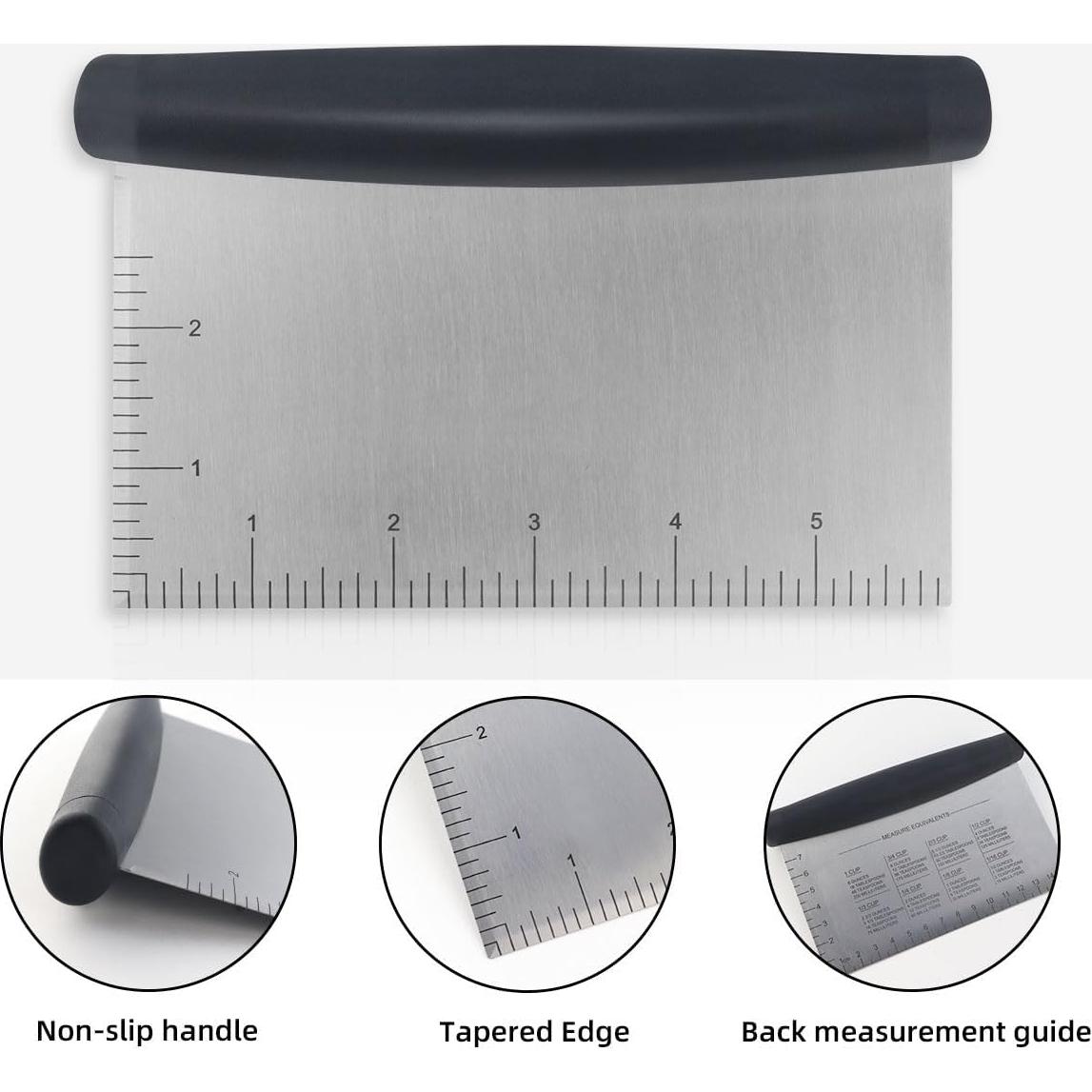 Plastic Bread Scraper Dough Cutter with Measuring Scale Multipurpose Bench Scraper Kitchen Tool Pastry Scraper for Cake Baking Food Pizza Stainless Steel Dough Scraper and Chopper Bench Knife（Black)