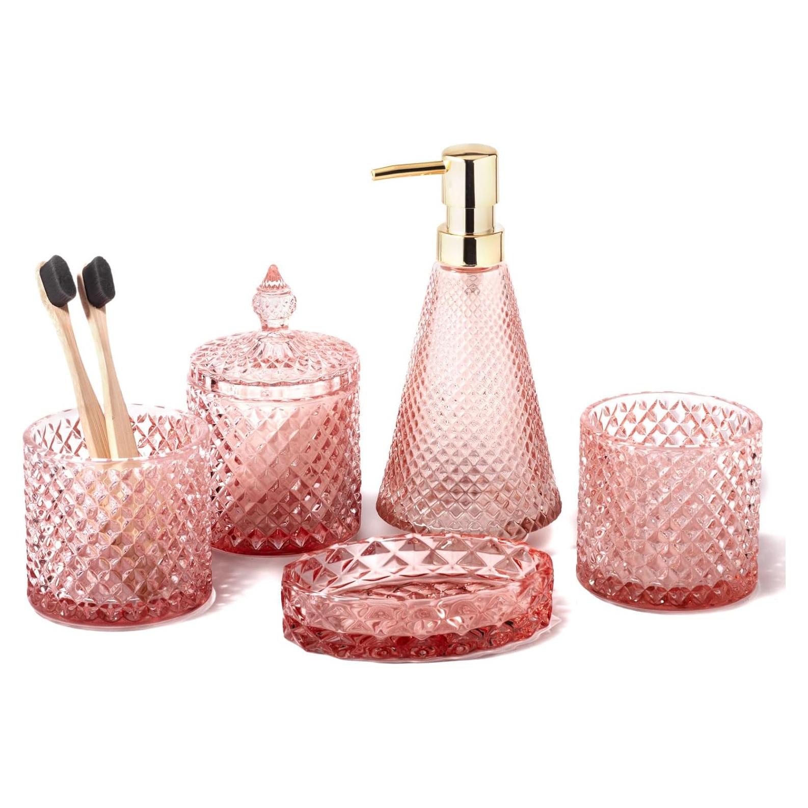 Juego de Accesorios de Baño Empo 5 Piezas Vidrio Rosa