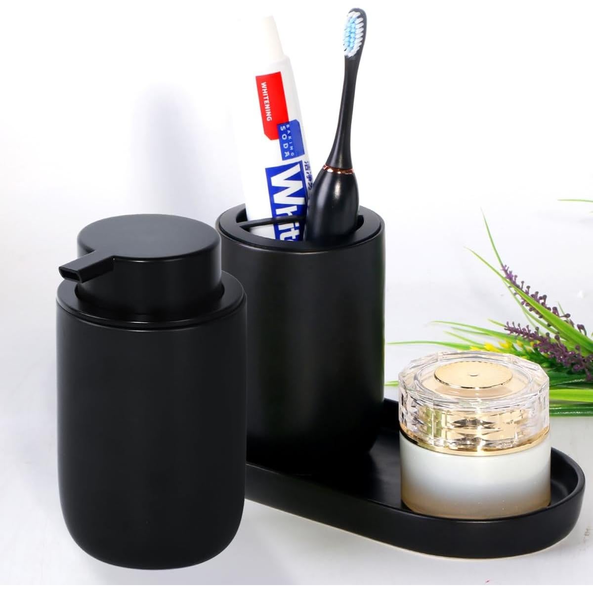 Juego de dispensador de jabón y soporte Fvstar negro mate