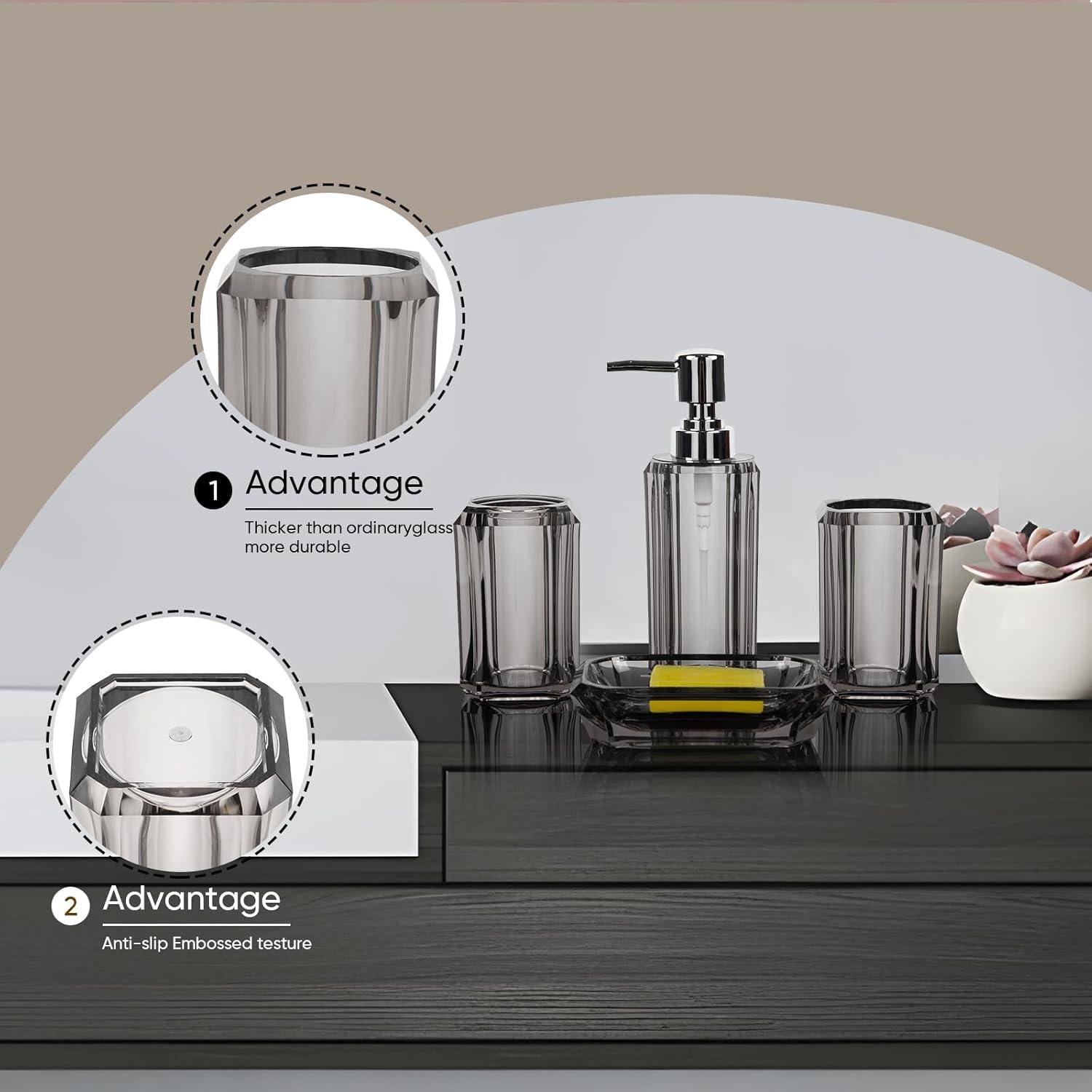 Juego de Accesorios de Baño Acrílico Premium 4 Piezas Gris