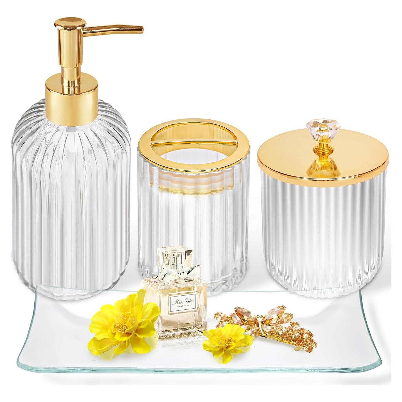 Juego de Accesorios de Baño Vidrio Dorado 4 Piezas Cirhy