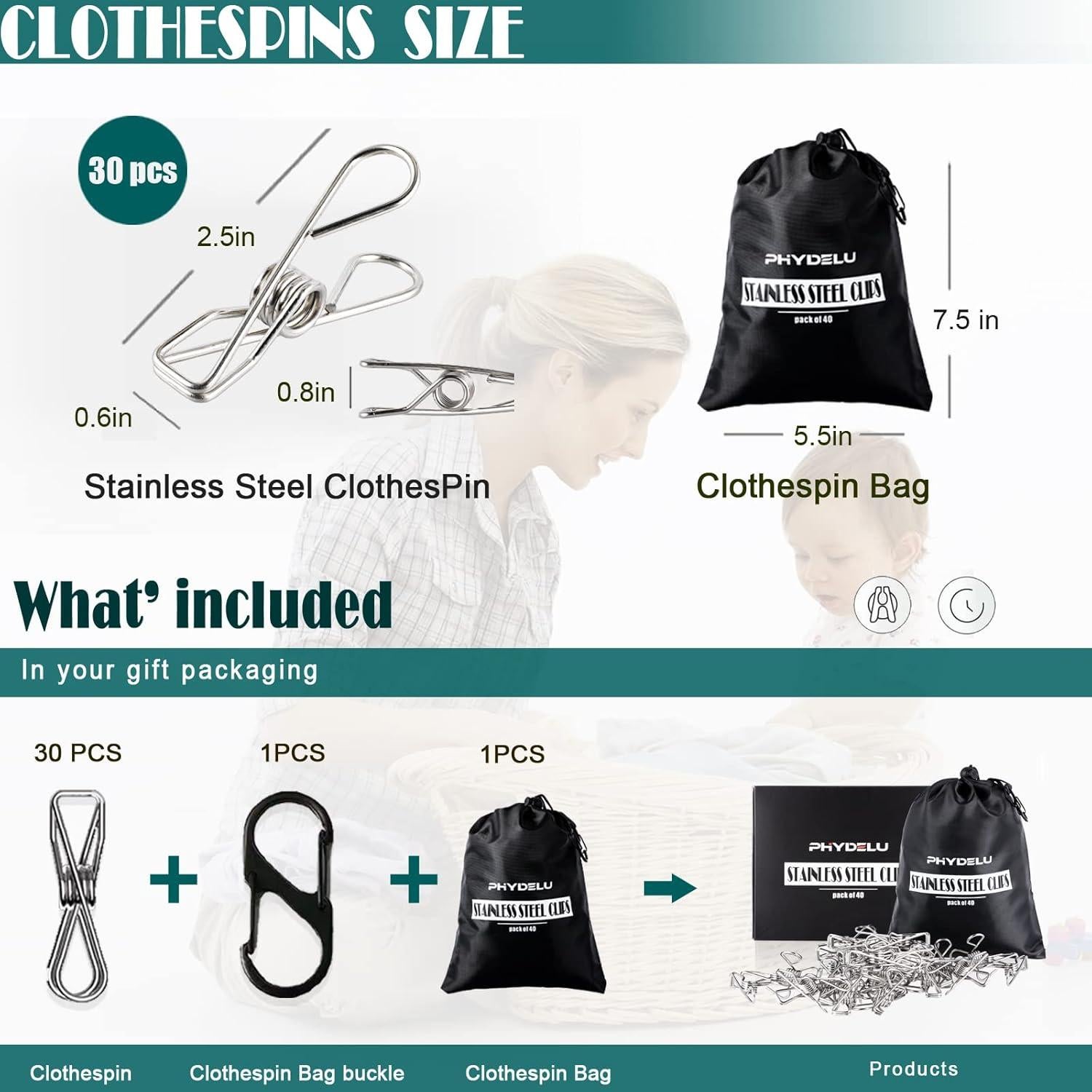 30 Pinzas de Acero Inoxidable PHYDELU para Ropa y Comida