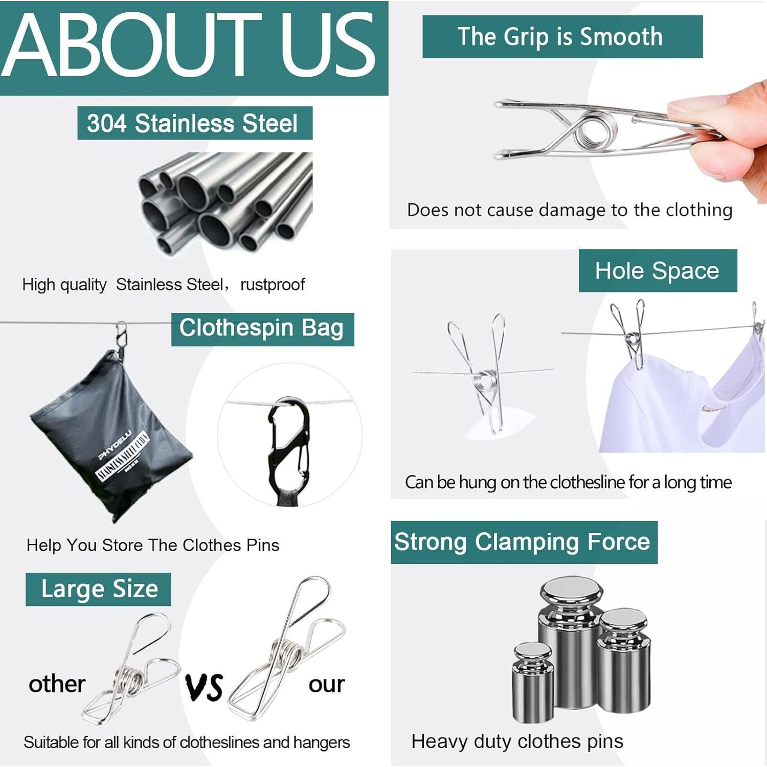 30 Pinzas de Acero Inoxidable PHYDELU para Ropa y Comida
