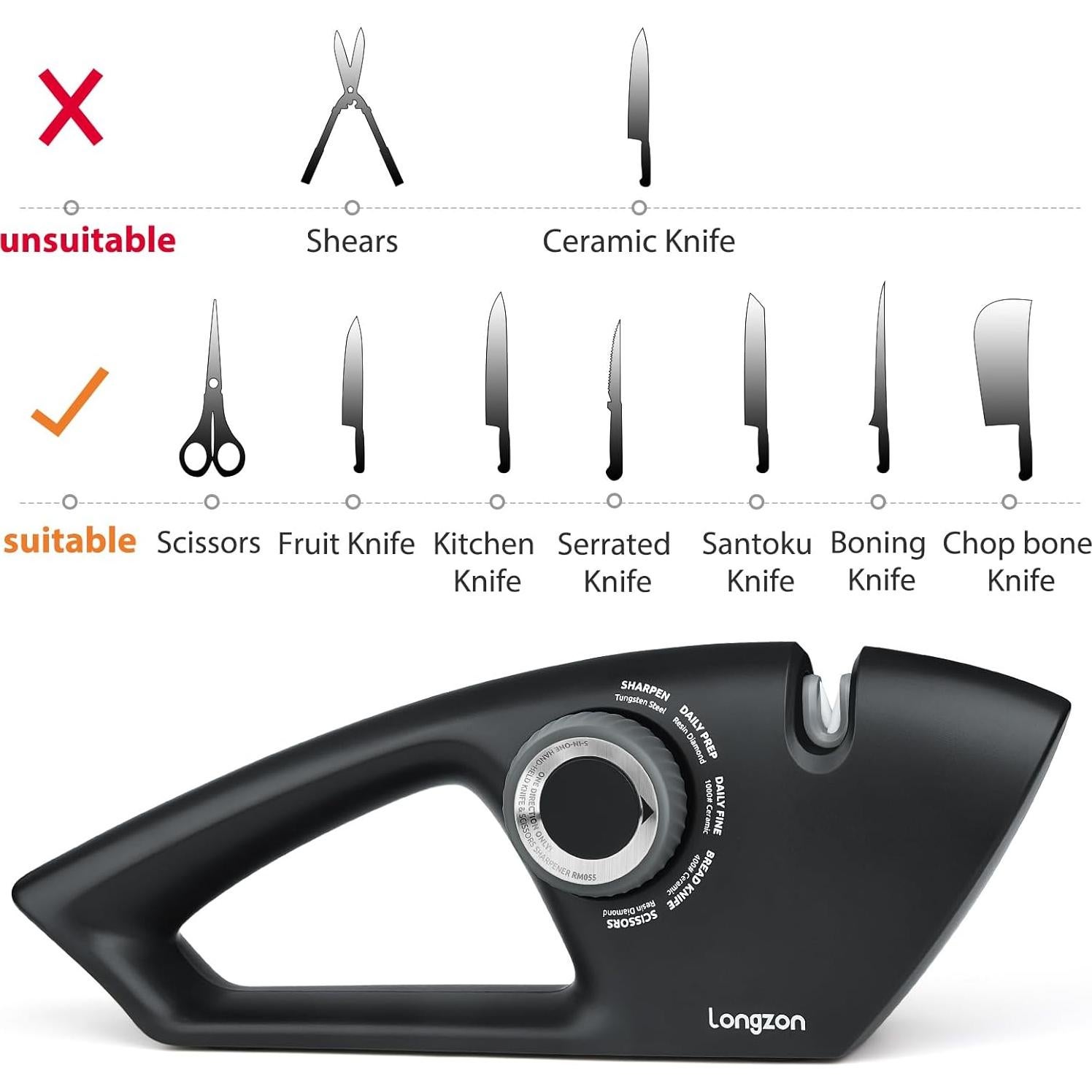 Afilador de cuchillos 5 en 1 Longzon con guante resistente