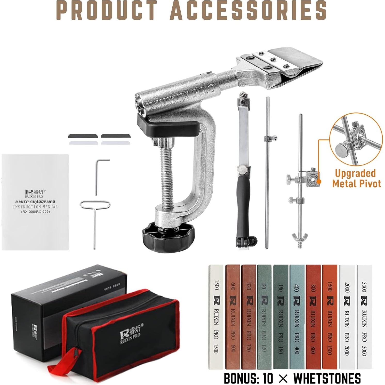 Upgraded RUIXIN PRO RX-008 Professional Knife Sharpener with 10 Whetstones, 360° Rotation Flip Design Fixed-Angle Stainless Steel Kitchen Chef Knife Sharpening Kit Abrasive Holding System Tools
