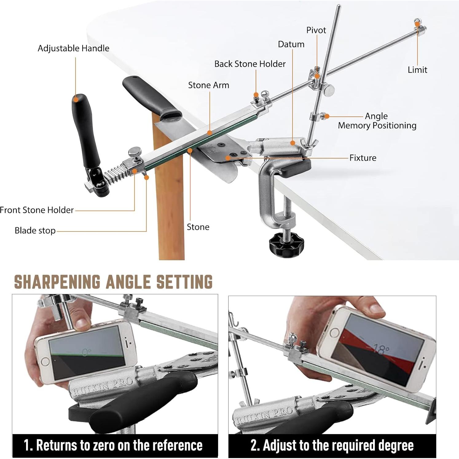 Upgraded RUIXIN PRO RX-008 Professional Knife Sharpener with 10 Whetstones, 360° Rotation Flip Design Fixed-Angle Stainless Steel Kitchen Chef Knife Sharpening Kit Abrasive Holding System Tools