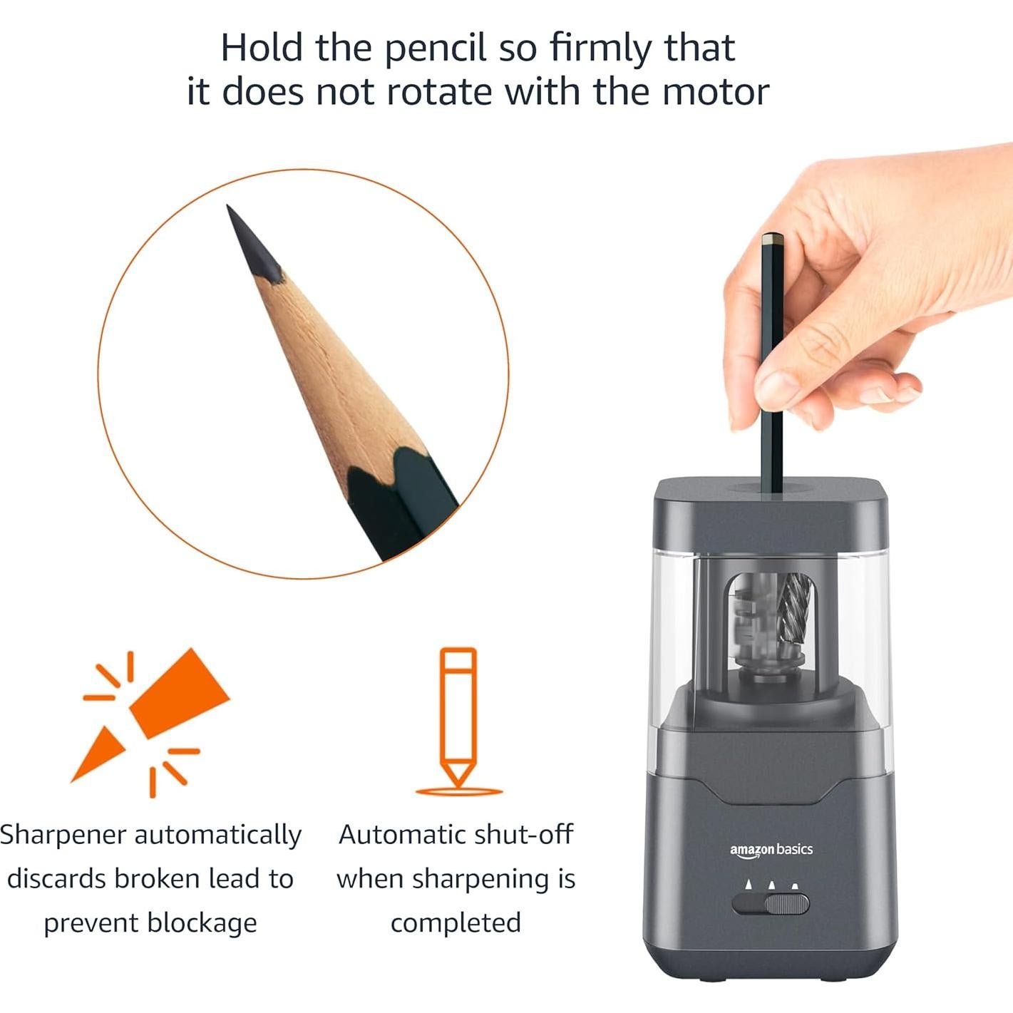 Afilador de lápices eléctrico Amazon Basics, automático, portátil