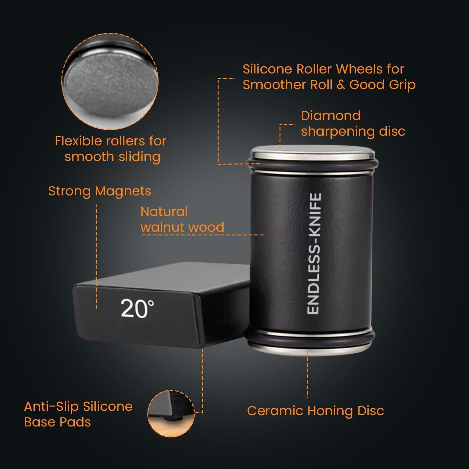 Rolling Knife Sharpener - Knife Sharpening Made Easy - Knife Sharpener Tool for Kitchen Knives - 15 Degree + 20 Degree Sharpening - Black