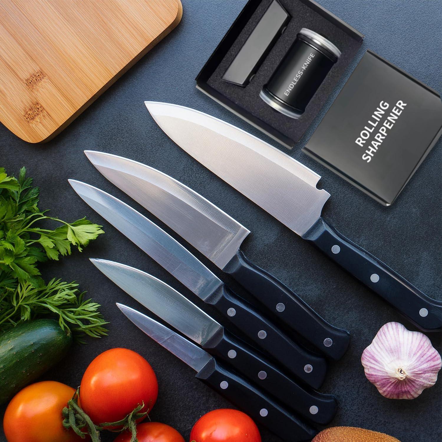 Rolling Knife Sharpener - Knife Sharpening Made Easy - Knife Sharpener Tool for Kitchen Knives - 15 Degree + 20 Degree Sharpening - Black