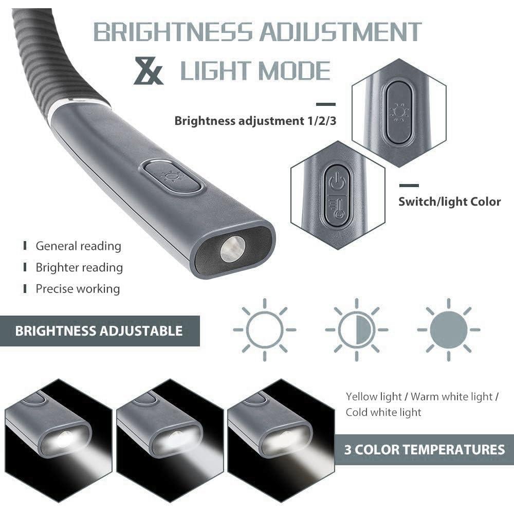 Luz de Lectura Flexible Aiolekup, 3 Colores, 3 Brillos, Recargable